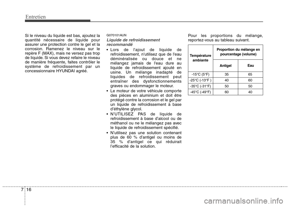 Hyundai Genesis Coupe 2011  Manuel du propriétaire (in French) Entretien
16
7
Si le niveau du liquide est bas, ajoutez la quantité nécessaire de liquide pourassurer une protection contre le gel et la
corrosion. Ramenez le niveau sur le
repère F (MAX), mais ne 