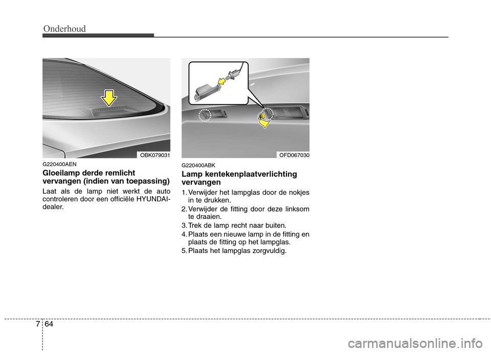 Hyundai Genesis Coupe 2011  Handleiding (in Dutch) Onderhoud
64
7
G220400AEN 
Gloeilamp derde remlicht 
vervangen (indien van toepassing) 
Laat als de lamp niet werkt de auto 
controleren door een officiële HYUNDAI-
dealer. G220400ABK 
Lamp kentekenp