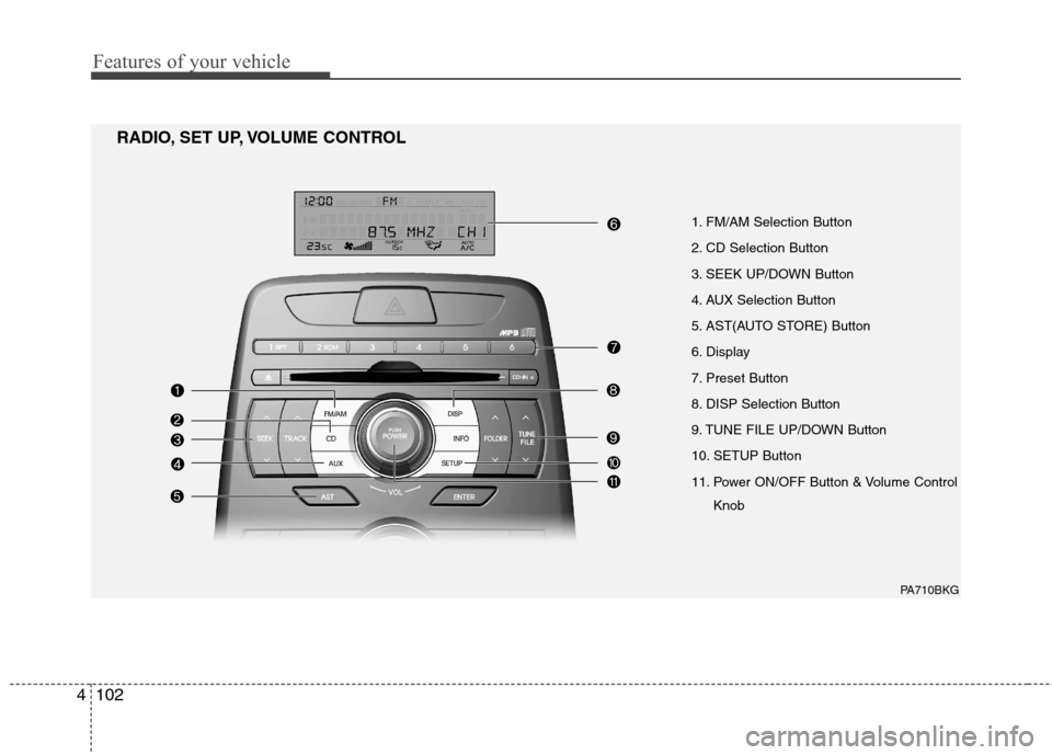 Hyundai Genesis Coupe 2010 Owners Manual Features of your vehicle
102
4
1. FM/AM Selection Button
2. CD Selection Button
3. SEEK UP/DOWN Button
4. AUX Selection Button
5. AST(AUTO STORE) Button
6. Display
7. Preset Button
8. DISP Selection Hyundai Genesis Coupe 2010 Owners Manual Features of your vehicle
102
4
1. FM/AM Selection Button
2. CD Selection Button
3. SEEK UP/DOWN Button
4. AUX Selection Button
5. AST(AUTO STORE) Button
6. Display
7. Preset Button
8. DISP Selection