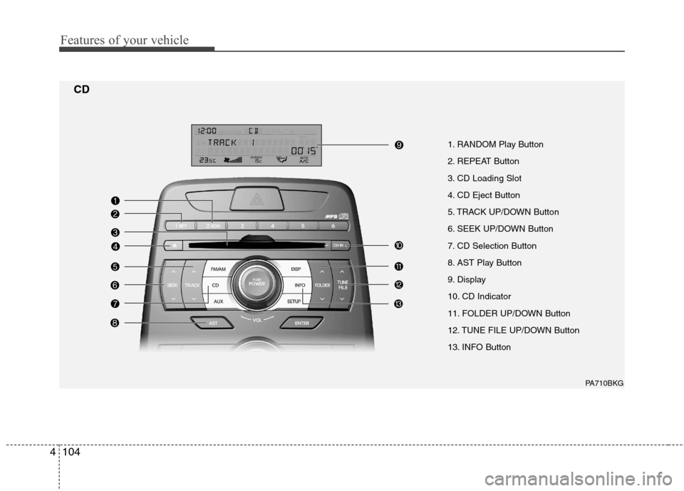 Hyundai Genesis Coupe 2010 Owners Manual Features of your vehicle
104
4
1. RANDOM Play Button
2. REPEAT Button
3. CD Loading Slot
4. CD Eject Button
5. TRACK UP/DOWN Button
6. SEEK UP/DOWN Button
7. CD Selection Button
8. AST Play Button
9. Hyundai Genesis Coupe 2010 Owners Manual Features of your vehicle
104
4
1. RANDOM Play Button
2. REPEAT Button
3. CD Loading Slot
4. CD Eject Button
5. TRACK UP/DOWN Button
6. SEEK UP/DOWN Button
7. CD Selection Button
8. AST Play Button
9.