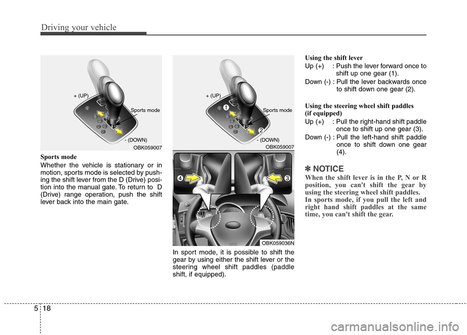 Hyundai Genesis Coupe 2010  Owners Manual Driving your vehicle
18
5
Sports mode 
Whether the vehicle is stationary or in 
motion, sports mode is selected by push-
ing the shift lever from the D (Drive) posi-
tion into the manual gate. To retu