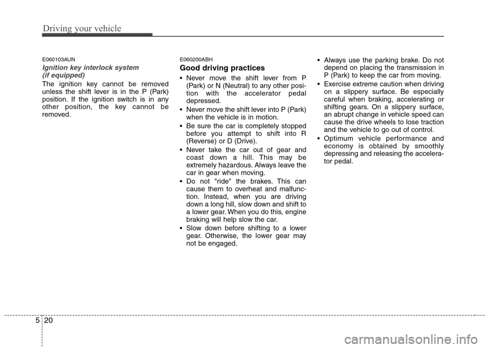 Hyundai Genesis Coupe 2010  Owners Manual Driving your vehicle
20
5
E060103AUN
Ignition key interlock system 
(if equipped)
The ignition key cannot be removed 
unless the shift lever is in the P (Park)
position. If the ignition switch is in a