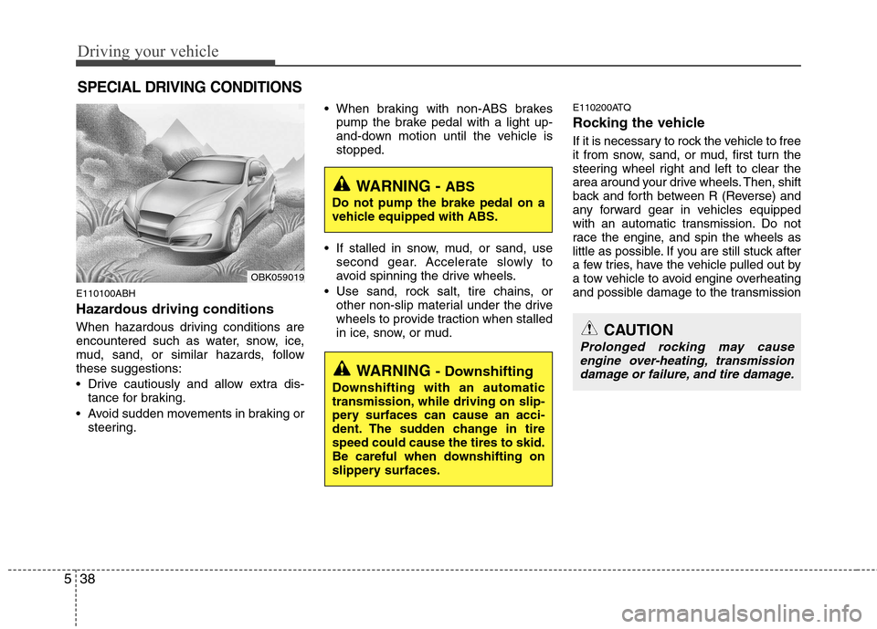 Hyundai Genesis Coupe 2010  Owners Manual Driving your vehicle
38
5
E110100ABH 
Hazardous driving conditions   
When hazardous driving conditions are 
encountered such as water, snow, ice,
mud, sand, or similar hazards, followthese suggestion