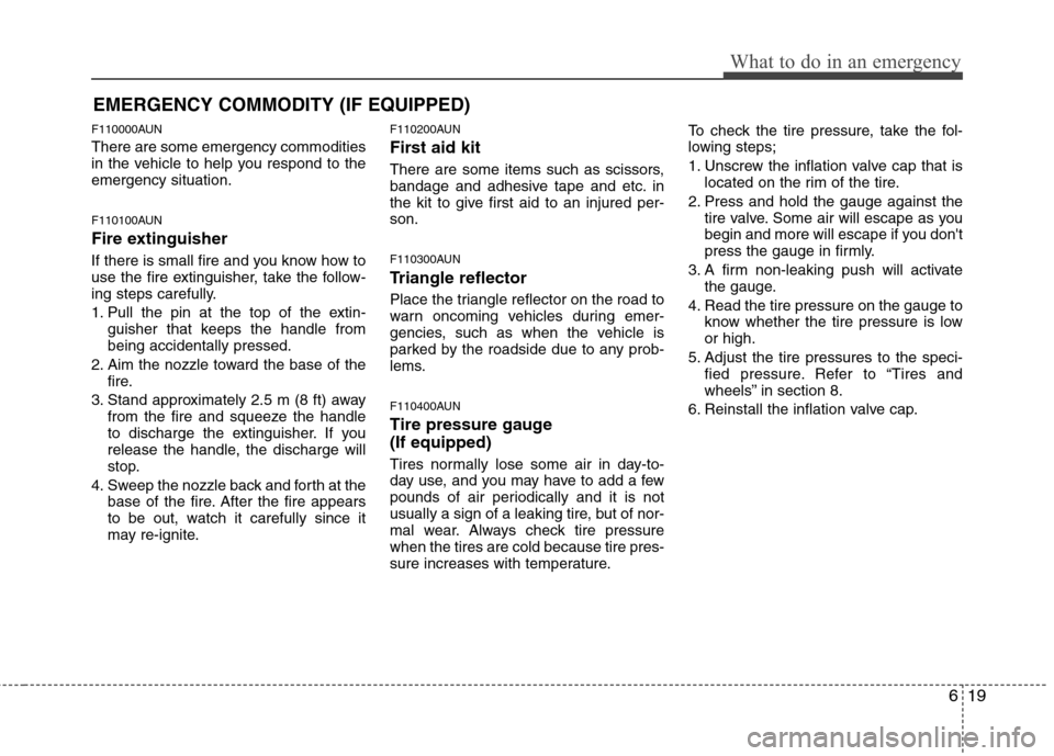 Hyundai Genesis Coupe 2010  Owners Manual 619
What to do in an emergency
EMERGENCY COMMODITY (IF EQUIPPED) 
F110000AUN There are some emergency commodities 
in the vehicle to help you respond to theemergency situation. 
F110100AUN 
Fire extin