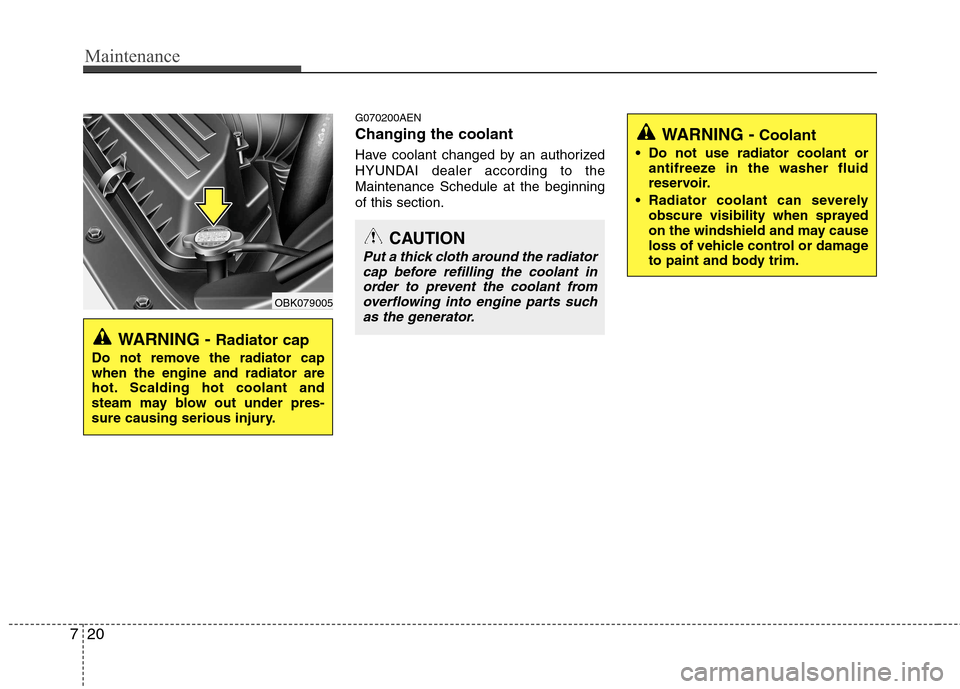 Hyundai Genesis Coupe 2010  Owners Manual Maintenance
20
7
G070200AEN Changing the coolant 
Have coolant changed by an authorized 
HYUNDAI dealer according to theMaintenance Schedule at the beginningof this section.
WARNING -  Radiator cap
Do