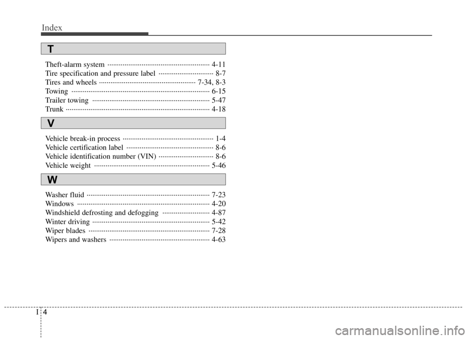 Hyundai Genesis Coupe 2010  Owners Manual Index
4
I
Theft-alarm system  ······················································ 4-11 
Tire specification and pressure label  ········