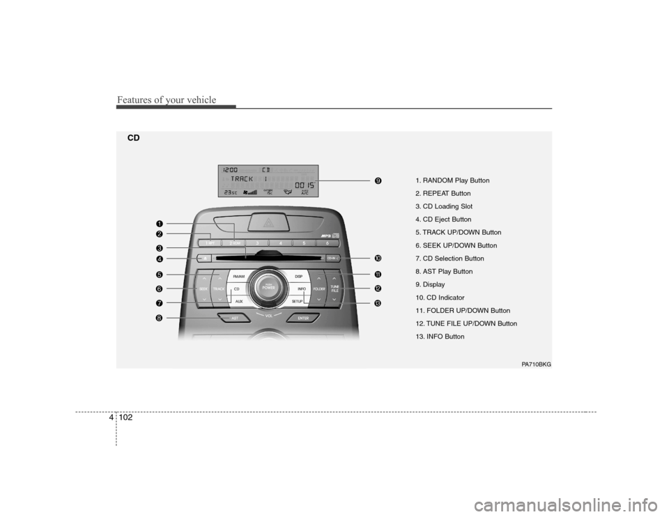 Hyundai Genesis Coupe 2009 Owners Manual Features of your vehicle
102
4
1. RANDOM Play Button
2. REPEAT Button
3. CD Loading Slot
4. CD Eject Button
5. TRACK UP/DOWN Button
6. SEEK UP/DOWN Button
7. CD Selection Button
8. AST Play Button
9. Hyundai Genesis Coupe 2009 Owners Manual Features of your vehicle
102
4
1. RANDOM Play Button
2. REPEAT Button
3. CD Loading Slot
4. CD Eject Button
5. TRACK UP/DOWN Button
6. SEEK UP/DOWN Button
7. CD Selection Button
8. AST Play Button
9.