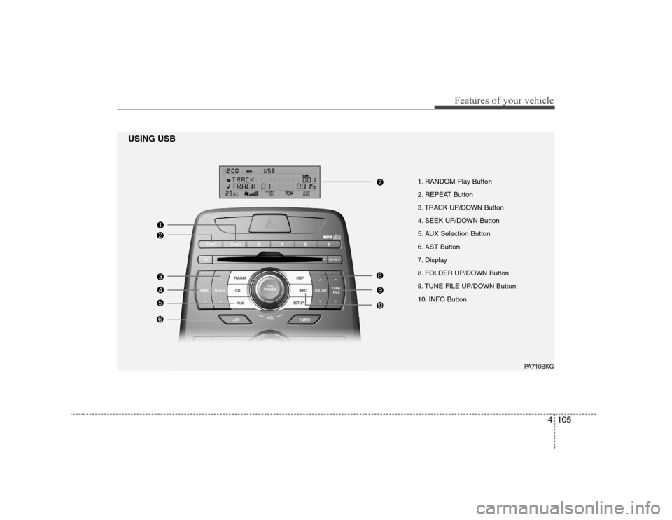 Hyundai Genesis Coupe 2009 Owners Manual 4105
Features of your vehicle
1. RANDOM Play Button
2. REPEAT Button
3. TRACK UP/DOWN Button
4. SEEK UP/DOWN Button
5. AUX Selection Button
6. AST Button
7. Display
8. FOLDER UP/DOWN Button
9. TUNE Hyundai Genesis Coupe 2009 Owners Manual 4105
Features of your vehicle
1. RANDOM Play Button
2. REPEAT Button
3. TRACK UP/DOWN Button
4. SEEK UP/DOWN Button
5. AUX Selection Button
6. AST Button
7. Display
8. FOLDER UP/DOWN Button
9. TUNE