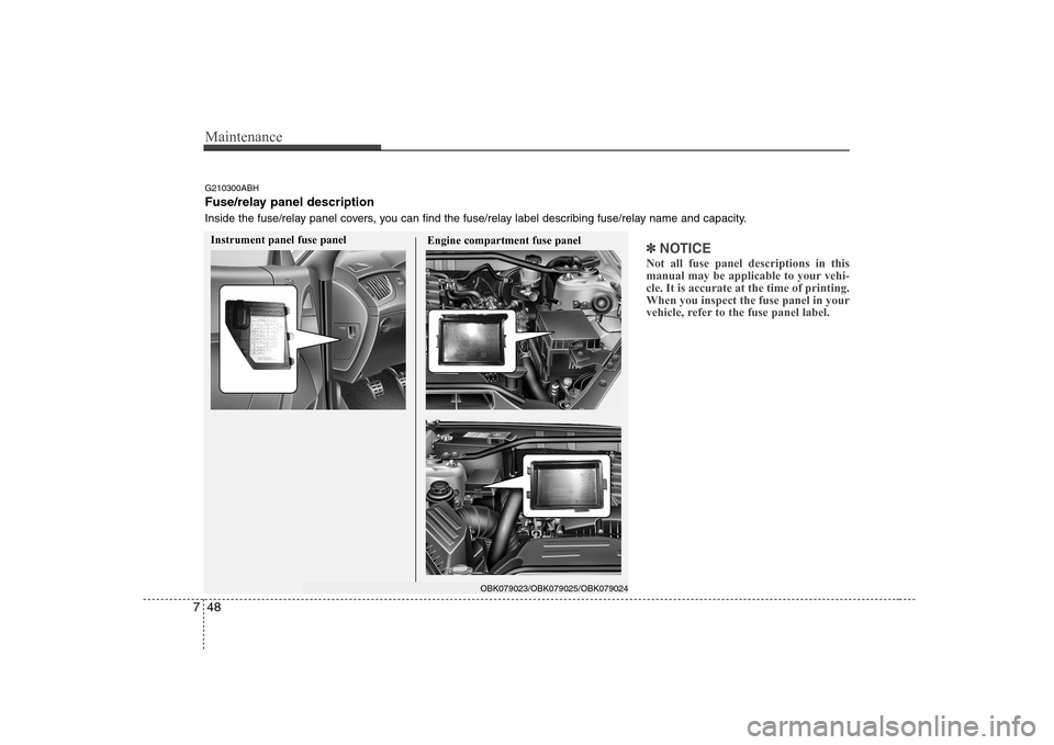 Hyundai Genesis Coupe 2009  Owners Manual Maintenance
48
7
✽✽
NOTICE
Not all fuse panel descriptions in this 
manual may be applicable to your vehi-cle. It is accurate at the time of printing.When you inspect the fuse panel in your
vehicl