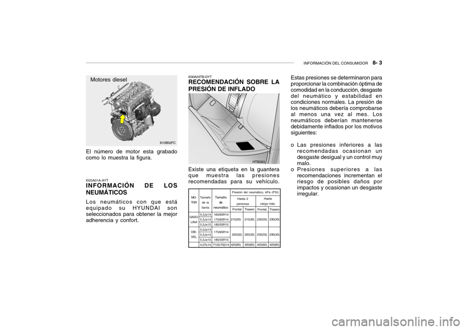 Hyundai Getz 2011  Manual del propietario (in Spanish) INFORMACIÓN DEL CONSUMIDOR
   8- 3
El número de motor esta grabado
como lo muestra la figura.I020A01A-AYTINFORMACIÓN DE LOS
NEUMÁTICOSLos neumáticos con que está
equipado su HYUNDAI son
seleccio