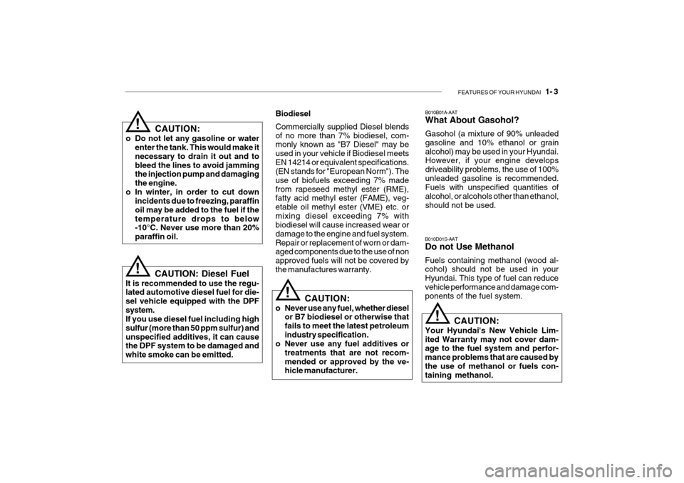 Hyundai Getz 2010  Owners Manual FEATURES OF YOUR HYUNDAI   1- 3
CAUTION:
o Do not let any gasoline or water enter the tank. This would make it necessary to drain it out and tobleed the lines to avoid jamming the injection pump and d