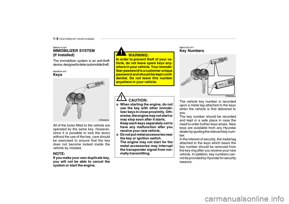 Hyundai Getz 2010  Owners Manual 1- 6  FEATURES OF YOUR HYUNDAI
B880C02A-GAT Key Numbers
OTB028003
The vehicle key number is recorded upon a metal tag attached to the keys when the vehicle is first delivered toyou. The key number sho