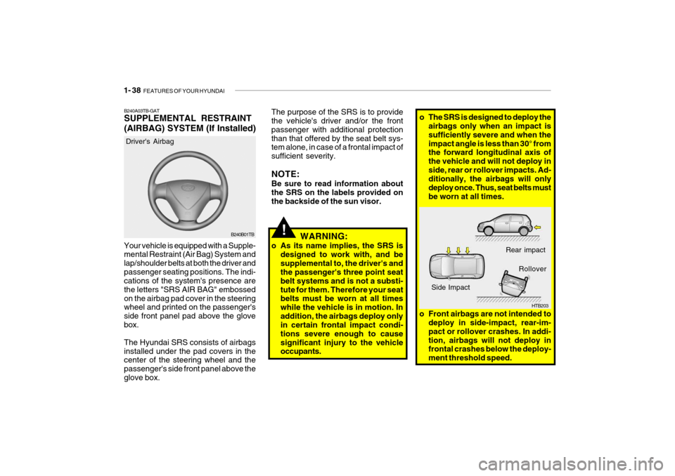 Hyundai Getz 2010  Owners Manual 1- 38  FEATURES OF YOUR HYUNDAI
HTB203
Rear impact
Side Impact Rollover
o Front airbags are not intended to deploy in side-impact, rear-im- pact or rollover crashes. In addi-tion, airbags will not dep