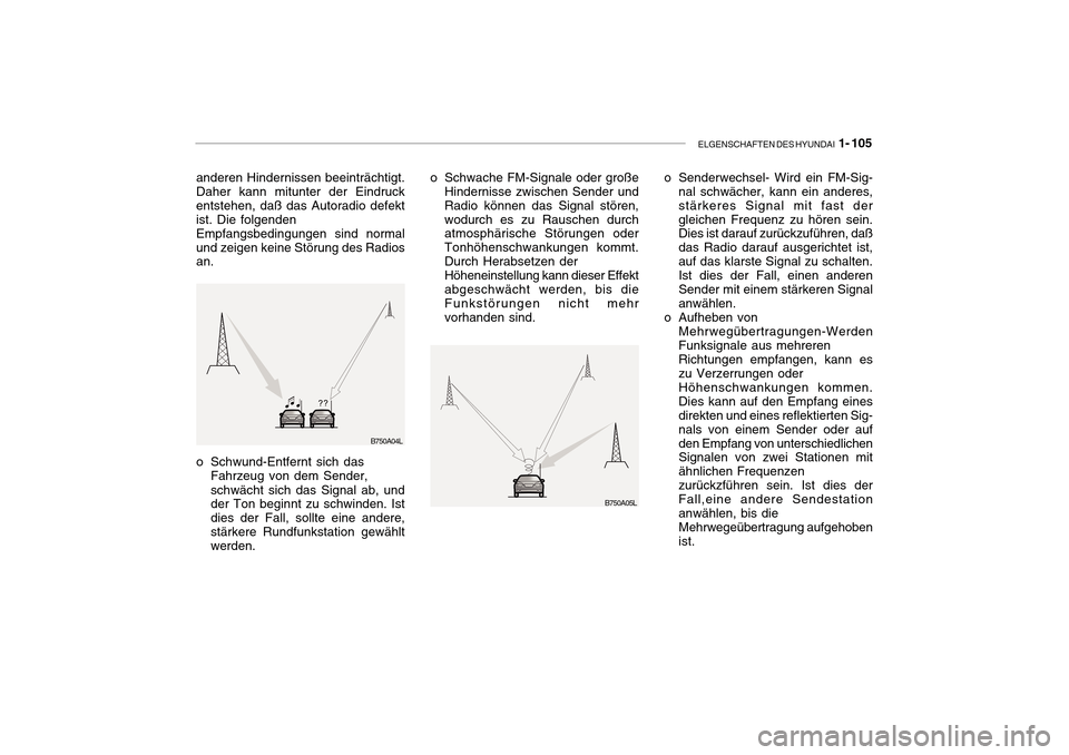 Hyundai Getz 2010 Betriebsanleitung (in German) ELGENSCHAFTEN DES HYUNDAI 1- 105
B750A04L
B750A05Lo Senderwechsel- Wird ein FM-Sig-
nal schwächer, kann ein anderes, stärkeres Signal mit fast dergleichen Frequenz zu hören sein. Dies ist darauf z Hyundai Getz 2010 Betriebsanleitung (in German) ELGENSCHAFTEN DES HYUNDAI 1- 105
B750A04L
B750A05Lo Senderwechsel- Wird ein FM-Sig-
nal schwächer, kann ein anderes, stärkeres Signal mit fast dergleichen Frequenz zu hören sein. Dies ist darauf z