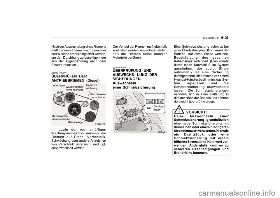 Hyundai Getz 2010 Betriebsanleitung (in German) SELBSTHILFE 6- 25
G200A01A-AST
ÜBERPRÜFUNG UND AUSWECHS- LUNG DERSICHERUNGENAuswechselneiner Schmelzsicherung
Nach der Auswechslung eines Riemens muß der neue Riemen nach zwei oder drei Wochen e Hyundai Getz 2010 Betriebsanleitung (in German) SELBSTHILFE 6- 25
G200A01A-AST
ÜBERPRÜFUNG UND AUSWECHS- LUNG DERSICHERUNGENAuswechselneiner Schmelzsicherung
Nach der Auswechslung eines Riemens muß der neue Riemen nach zwei oder drei Wochen e
