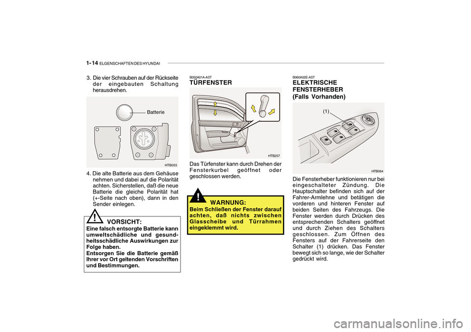 Hyundai Getz 2010 Betriebsanleitung (in German) 1- 14 ELGENSCHAFTEN DES HYUNDAI
B050A01A-AST
TÜRFENSTER
HTB257
HTB064
(1)
Das Türfenster kann durch Drehen der Fensterkurbel geöffnet oder geschlossen werden. B060A02E-ASTELEKTRISCHE FENSTERHEBER( Hyundai Getz 2010 Betriebsanleitung (in German) 1- 14 ELGENSCHAFTEN DES HYUNDAI
B050A01A-AST
TÜRFENSTER
HTB257
HTB064
(1)
Das Türfenster kann durch Drehen der Fensterkurbel geöffnet oder geschlossen werden. B060A02E-ASTELEKTRISCHE FENSTERHEBER(