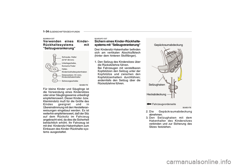 Hyundai Getz 2010  Betriebsanleitung (in German) 1- 34  ELGENSCHAFTEN DES HYUNDAI
B230E01TB
Heckabdeckung Gepäckraumabdeckung
Fahrzeugvorderseite
Seilzughaken
2. Die Gepäckraumabdeckung abnehmen.
3. Den Seilzughaken mit dem
Hakenhalter des Kinders