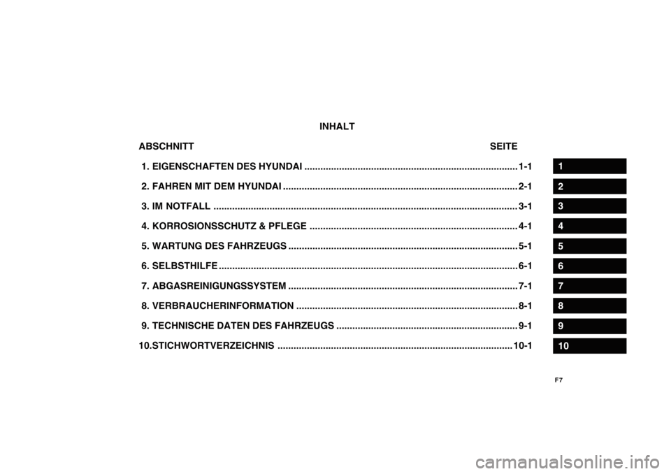 Hyundai Getz 2010  Betriebsanleitung (in German) F7
1
2
3
4
5
6
7
8
9
10
INHALT
ABSCHNITT                                                                                                               SEITE 
 1. EIGENSCHAFTEN DES  HYUNDAI ...........