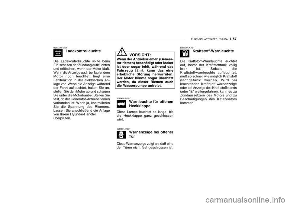 Hyundai Getz 2010 Betriebsanleitung (in German) ELGENSCHAFTEN DES HYUNDAI 1- 57
B260M01A-AST
Kraftstoff-Warnleuchte
Die Kraftstoff-Warnleuchte leuchtet auf, bevor der Kraftstofftank völlig leer ist. Sobald die Kraftstoffwarnleuchte aufleuchtet,mu Hyundai Getz 2010 Betriebsanleitung (in German) ELGENSCHAFTEN DES HYUNDAI 1- 57
B260M01A-AST
Kraftstoff-Warnleuchte
Die Kraftstoff-Warnleuchte leuchtet auf, bevor der Kraftstofftank völlig leer ist. Sobald die Kraftstoffwarnleuchte aufleuchtet,mu