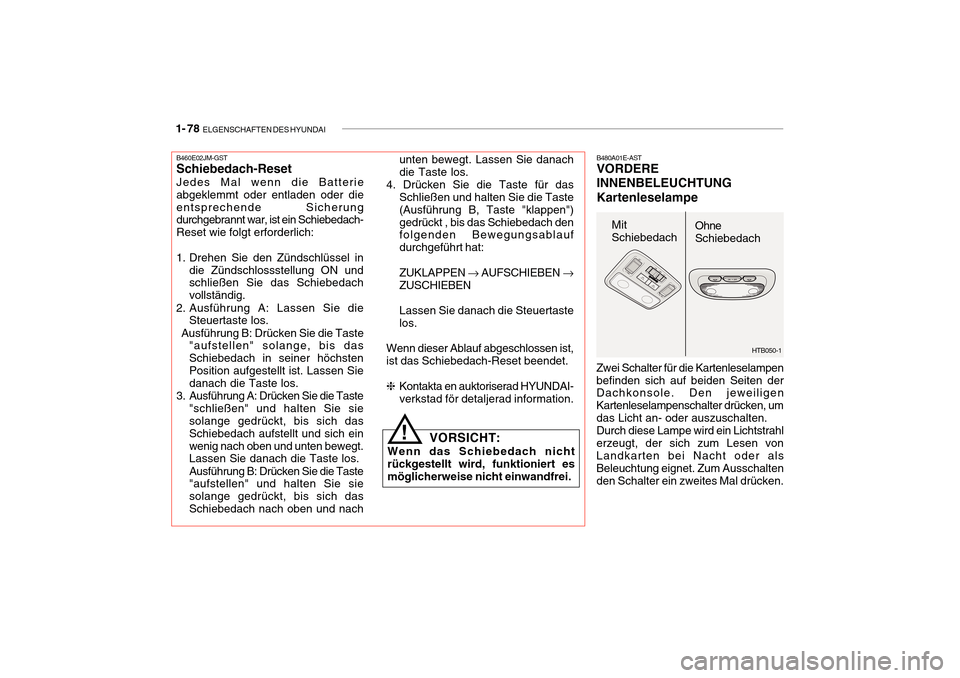 Hyundai Getz 2010 Betriebsanleitung (in German) 1- 78 ELGENSCHAFTEN DES HYUNDAI
HTB050-1
B480A01E-AST VORDERE INNENBELEUCHTUNGKartenleselampe
Zwei Schalter für die Kartenleselampen befinden sich auf beiden Seiten der Dachkonsole. Den jeweiligen K Hyundai Getz 2010 Betriebsanleitung (in German) 1- 78 ELGENSCHAFTEN DES HYUNDAI
HTB050-1
B480A01E-AST VORDERE INNENBELEUCHTUNGKartenleselampe
Zwei Schalter für die Kartenleselampen befinden sich auf beiden Seiten der Dachkonsole. Den jeweiligen K