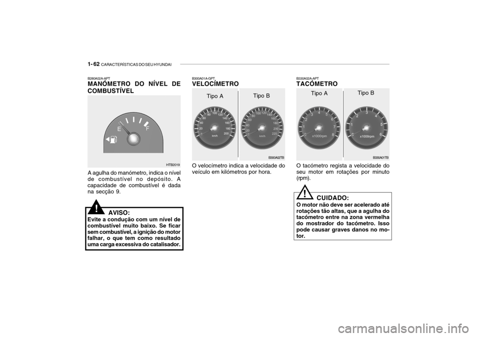 Hyundai Getz 2010 Manual do proprietário (in Portuguese) 1- 62 CARACTERÍSTICAS DO SEU HYUNDAI
O velocímetro indica a velocidade do veículo em kilómetros por hora. B330A02A-APT TACÓMETRO
B300A01A-GPTVELOCÍMETRO
O tacómetro regista a velocidade do seu Hyundai Getz 2010 Manual do proprietário (in Portuguese) 1- 62 CARACTERÍSTICAS DO SEU HYUNDAI
O velocímetro indica a velocidade do veículo em kilómetros por hora. B330A02A-APT TACÓMETRO
B300A01A-GPTVELOCÍMETRO
O tacómetro regista a velocidade do seu