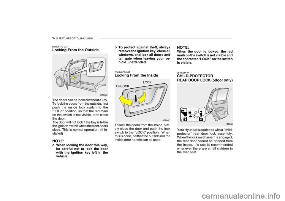 Hyundai Getz 2009 User Guide 1- 8  FEATURES OF YOUR HYUNDAI
HTB057
UNLOCK
LOCK
B040D01FC-GAT Locking From the Inside To lock the doors from the inside, sim- ply close the door and push the lockswitch to the "LOCK" position.  When