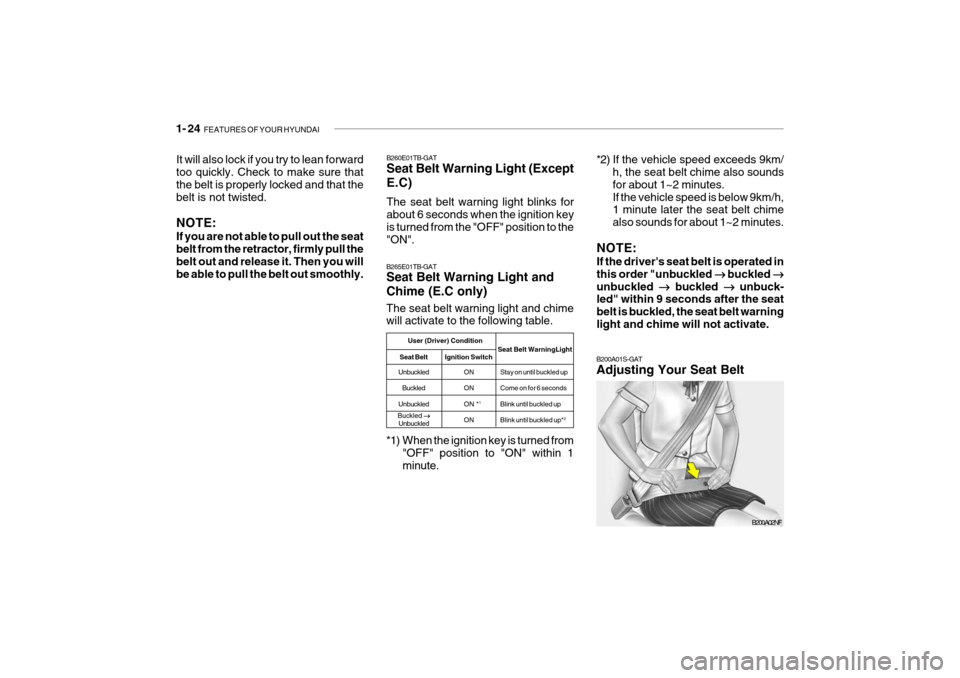 Hyundai Getz 2009 Owners Guide 1- 24  FEATURES OF YOUR HYUNDAI
B200A01S-GAT Adjusting Your Seat Belt
B200A02NF
It will also lock if you try to lean forward too quickly. Check to make sure that the belt is properly locked and that t