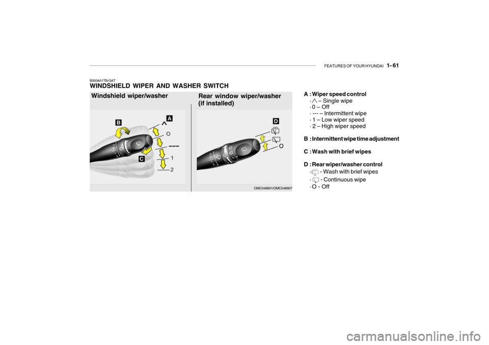 Hyundai Getz 2009 Manual PDF FEATURES OF YOUR HYUNDAI 1- 61
OMC048901/OMC048907
Rear window wiper/washer (if installed) A : Wiper speed control
· – Single wipe
· 0 – Off · --- – Intermittent wipe · 1 – Low wiper spe Hyundai Getz 2009 Manual PDF FEATURES OF YOUR HYUNDAI 1- 61
OMC048901/OMC048907
Rear window wiper/washer (if installed) A : Wiper speed control
· – Single wipe
· 0 – Off · --- – Intermittent wipe · 1 – Low wiper spe