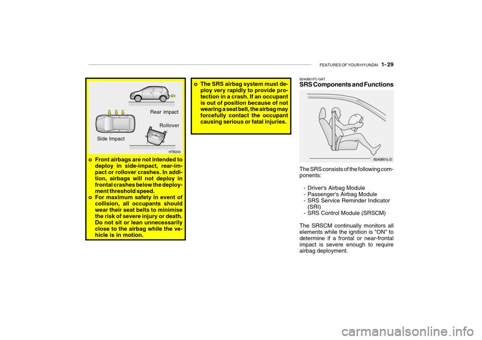 Hyundai Getz 2009 - RHD (UK, Australia) Owners Guide FEATURES OF YOUR HYUNDAI 1- 29
The SRS consists of the following com- ponents:
- Drivers Airbag Module
- Passengers Airbag Module
- SRS Service Reminder Indicator(SRI)
- SRS Control Module (SRSCM Hyundai Getz 2009 - RHD (UK, Australia) Owners Guide FEATURES OF YOUR HYUNDAI 1- 29
The SRS consists of the following com- ponents:
- Drivers Airbag Module
- Passengers Airbag Module
- SRS Service Reminder Indicator(SRI)
- SRS Control Module (SRSCM