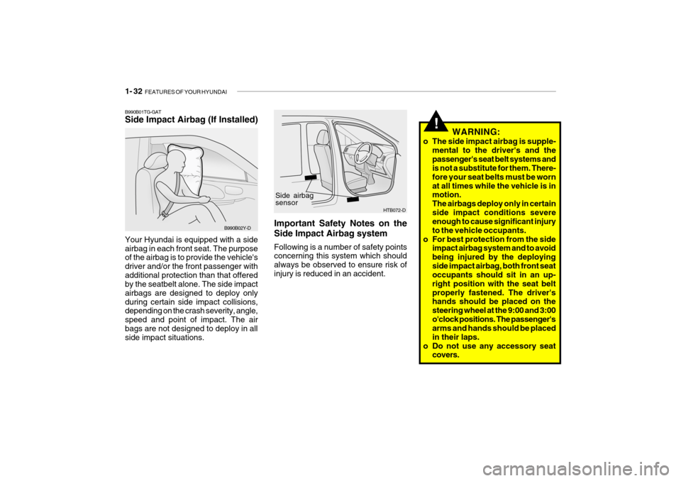 Hyundai Getz 2009  Owners Manual - RHD (UK, Australia) 1- 32  FEATURES OF YOUR HYUNDAI
!
B990B01TG-GAT Side Impact Airbag (If Installed) Your Hyundai is equipped with a side airbag in each front seat. The purpose of the airbag is to provide the vehicles 