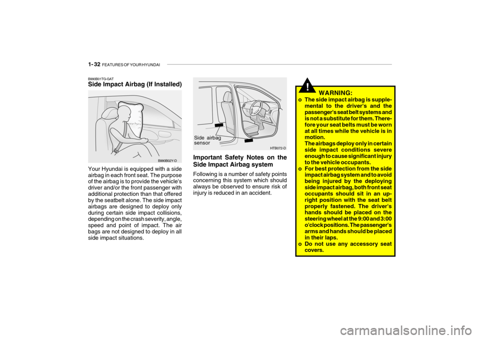 Hyundai Getz 2009 - RHD (UK, Australia) Service Manual 1- 32 FEATURES OF YOUR HYUNDAI
!
B990B01TG-GAT Side Impact Airbag (If Installed) Your Hyundai is equipped with a side airbag in each front seat. The purpose of the airbag is to provide the vehicles Hyundai Getz 2009 - RHD (UK, Australia) Service Manual 1- 32 FEATURES OF YOUR HYUNDAI
!
B990B01TG-GAT Side Impact Airbag (If Installed) Your Hyundai is equipped with a side airbag in each front seat. The purpose of the airbag is to provide the vehicles