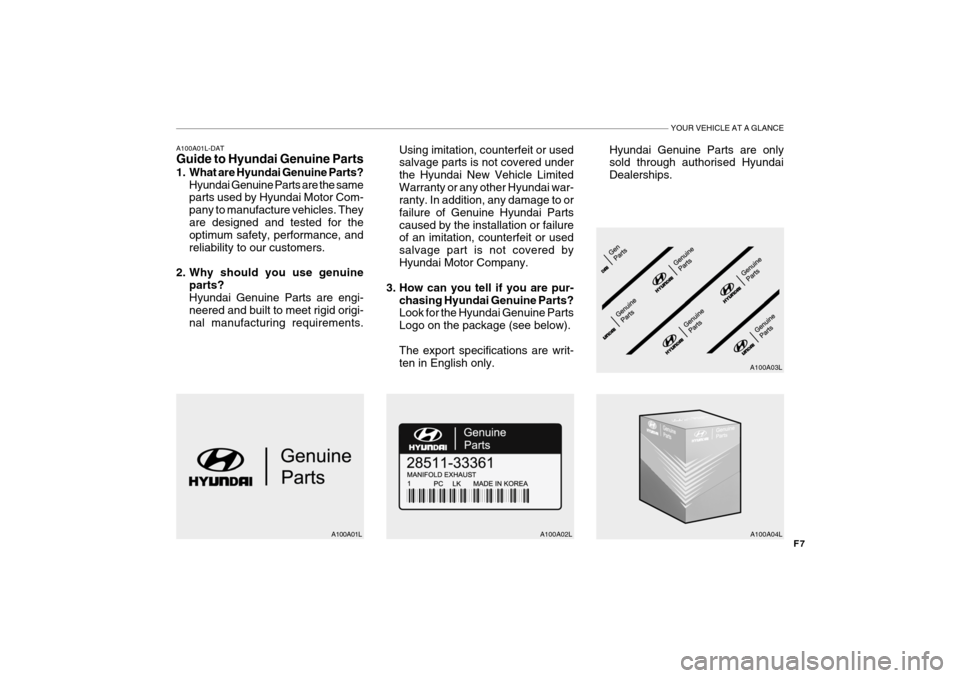 Hyundai Getz 2009 Owners Manual - RHD (UK, Australia) YOUR VEHICLE AT A GLANCE
F7A100A01LA100A02L A100A04L
A100A03L
A100A01L-DAT Guide to Hyundai Genuine Parts
1. What are Hyundai Genuine Parts?
Hyundai Genuine Parts are the same parts used by Hyundai M Hyundai Getz 2009 Owners Manual - RHD (UK, Australia) YOUR VEHICLE AT A GLANCE
F7A100A01LA100A02L A100A04L
A100A03L
A100A01L-DAT Guide to Hyundai Genuine Parts
1. What are Hyundai Genuine Parts?
Hyundai Genuine Parts are the same parts used by Hyundai M