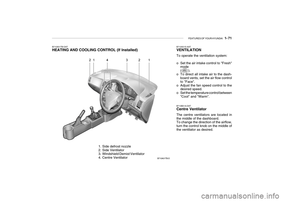 Hyundai Getz 2009  Owners Manual - RHD (UK, Australia) FEATURES OF YOUR HYUNDAI   1- 71
B710A01TB-DAT 
HEATING AND COOLING CONTROL (If Installed)
B710A01TB-D
1. Side defrost nozzle 
2. Side Ventilator 
3. Windshield Demist Ventilator 
4. Centre Ventilator