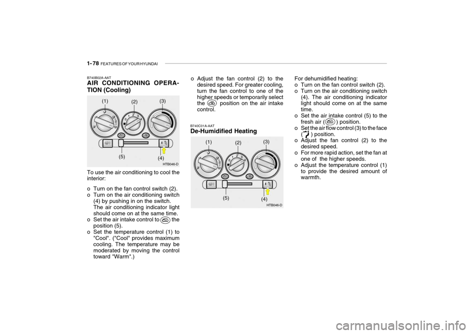 Hyundai Getz 2009  Owners Manual - RHD (UK, Australia) 1- 78  FEATURES OF YOUR HYUNDAI
B740B02A-AAT AIR CONDITIONING OPERA- TION (Cooling)
B740C01A-AAT De-Humidified Heating
To use the air conditioning to cool the interior: 
o Turn on the fan control swit