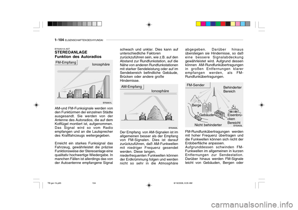 Hyundai Getz 2009  Betriebsanleitung (in German) 1- 104  ELGENSCHAFTEN DES HYUNDAI
B750A02L
AM-Empfang
IonosphäreFM-Sender
Berge Gebäude Behinderter Bereich
Eisenbrü- cken Bereicht
Nicht behinderter
AM-und FM-Funksignale werden von den Funktürme