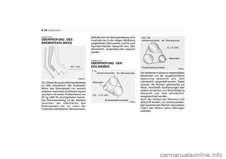 Hyundai Getz 2009  Betriebsanleitung (in German) 6- 24  SELBSTHILFE
G180A01A-GST ÜBERPRÜFUNG DES BREMSPEDALWEGS Zur Überprüfung des Bremspedalwegs ist Hilfe erforderlich. Bei laufendem Motor das Bremspedal von jemand anderem mehrmals durchtreten
