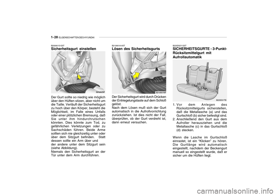 Hyundai Getz 2009  Betriebsanleitung (in German) 1- 28  ELGENSCHAFTEN DES HYUNDAI
B200A01S-GST Sicherheitsgurt einstellen
B200A02NF
Der Gurt sollte so niedrig wie möglich über den Hüften sitzen, aber nicht um die Taille. Verläuft der Sicherheits