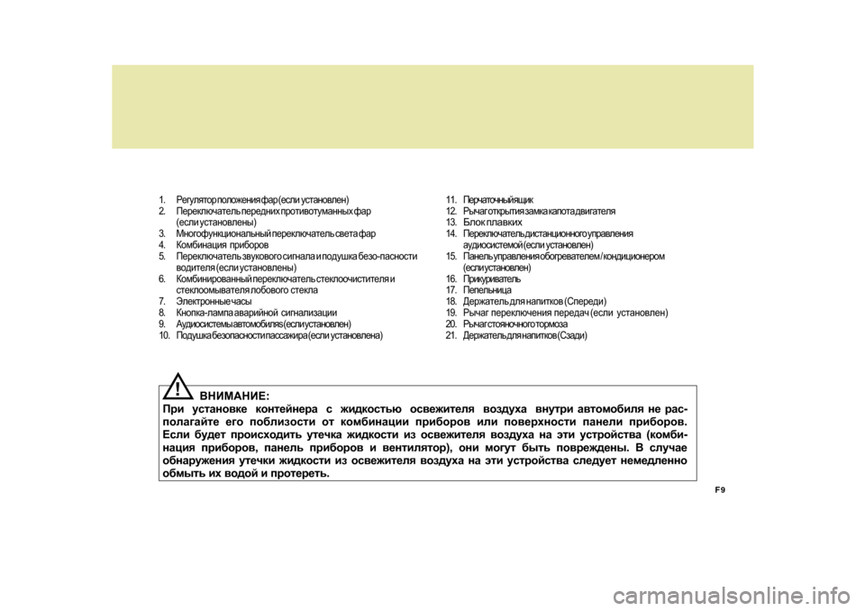 Hyundai Getz 2009  Инструкция по эксплуатации (in Russian) F9
1.J_]meylhj  iheh`_gby  nZj  (_keb   mklZgh\e_g )
2. I_j_dexqZl_ev  i_j_^gbo  ijhlb\hlmfZgguo  nZj
( _keb  mklZgh