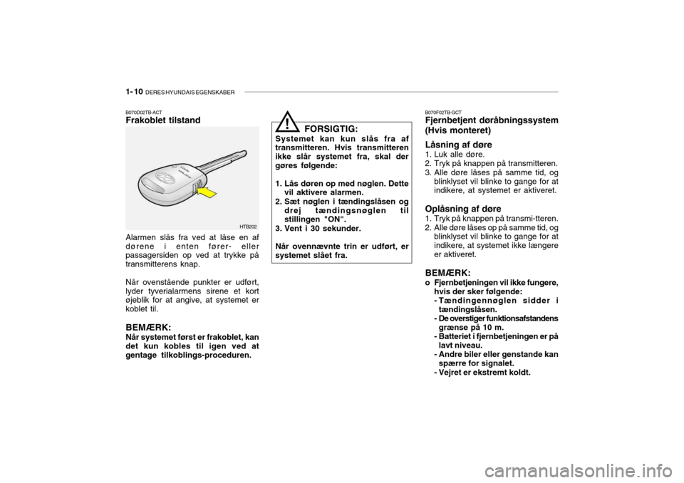 Hyundai Getz 2008  Instruktionsbog (in Danish) 1- 10  DERES HYUNDAIS EGENSKABER
B070D02TB-ACT Frakoblet tilstand
HTB202
Alarmen slås fra ved at låse en af dørene i enten fører- eller passagersiden op ved at trykke på transmitterens knap. Når