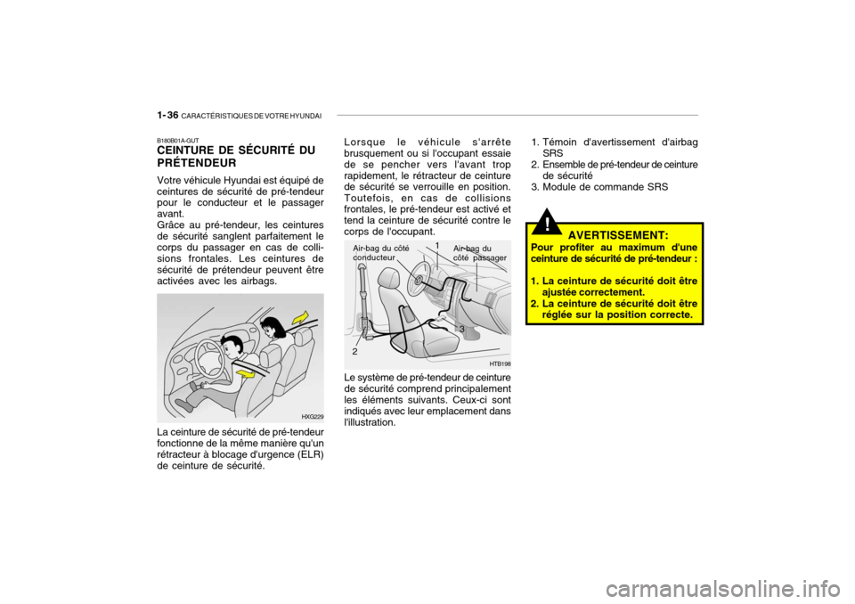 Hyundai Getz 2008  Manuel du propriétaire (in French) 1- 36  CARACTÉRISTIQUES DE VOTRE HYUNDAI
HTB198
Air-bag du côté conducteur
Air-bag du côté passager
Lorsque le véhicule sarrête
brusquement ou si loccupant essaie de se pencher vers lavant t