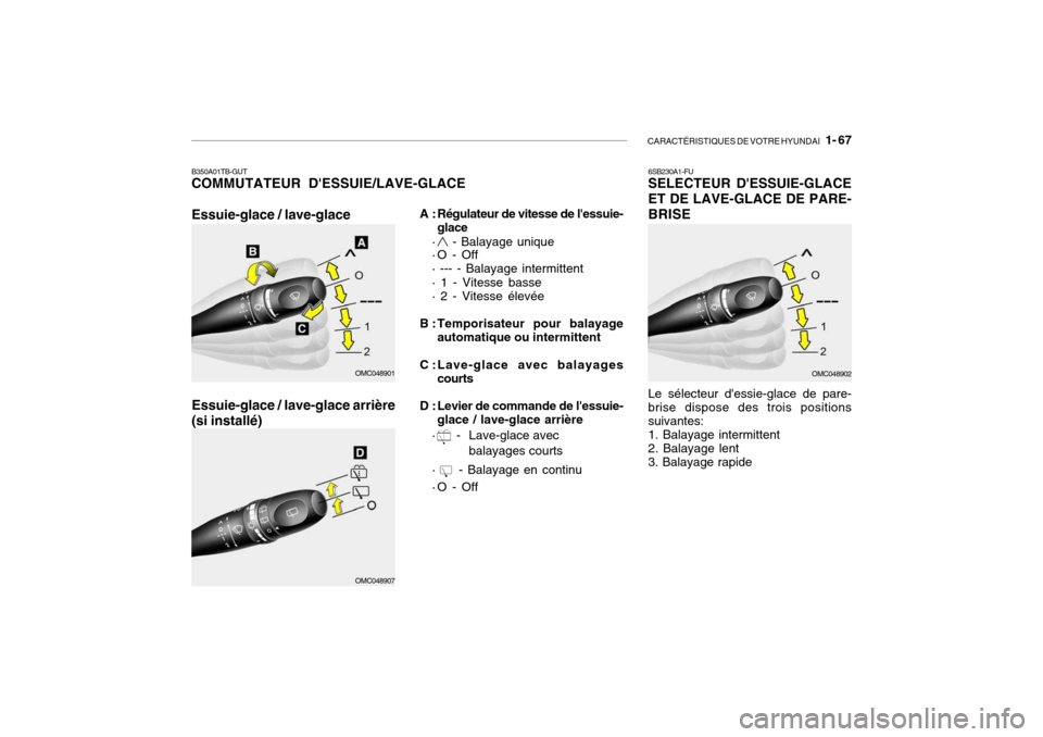 Hyundai Getz 2008  Manuel du propriétaire (in French) CARACTÉRISTIQUES DE VOTRE HYUNDAI   1- 67
Essuie-glace / lave-glace
Essuie-glace / lave-glace arrière
(si installé) A : Régulateur de vitesse de lessuie-
glace
·
 - Balayage unique
· O - Off ·