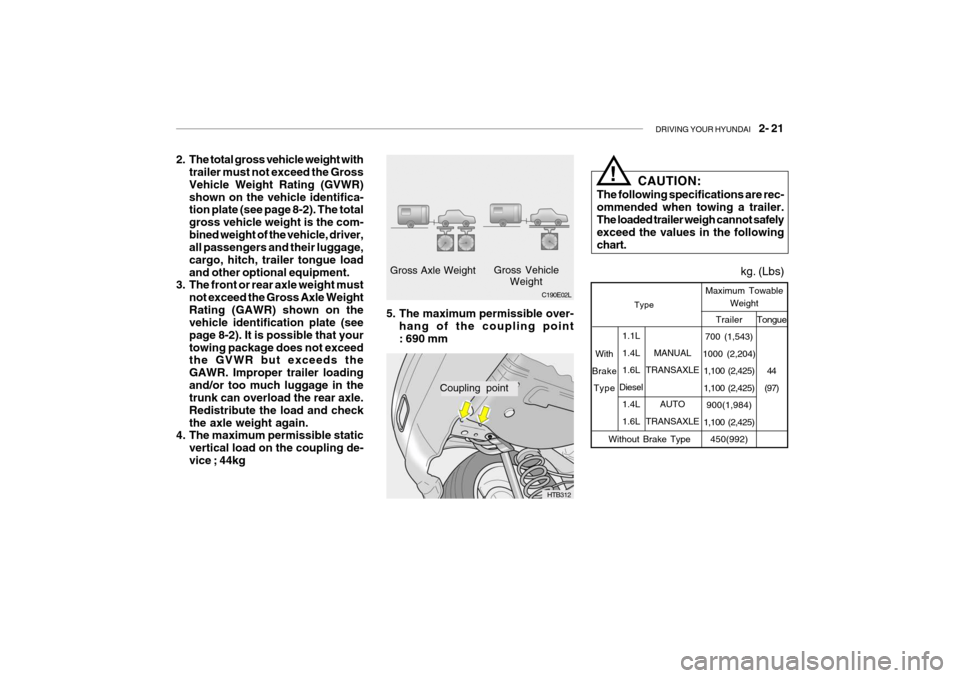 Hyundai Getz 2007  Owners Manual DRIVING YOUR HYUNDAI    2- 21
2. The total gross vehicle weight with
trailer must not exceed the Gross Vehicle Weight Rating (GVWR)shown on the vehicle identifica- tion plate (see page 8-2). The total