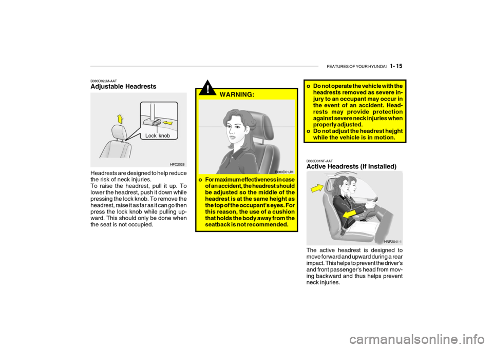 Hyundai Getz 2007  Owners Manual FEATURES OF YOUR HYUNDAI   1- 15
HFC2028
Lock knob
B080D02JM-AAT Adjustable Headrests Headrests are designed to help reduce the risk of neck injuries. To raise the headrest, pull it up. Tolower the he