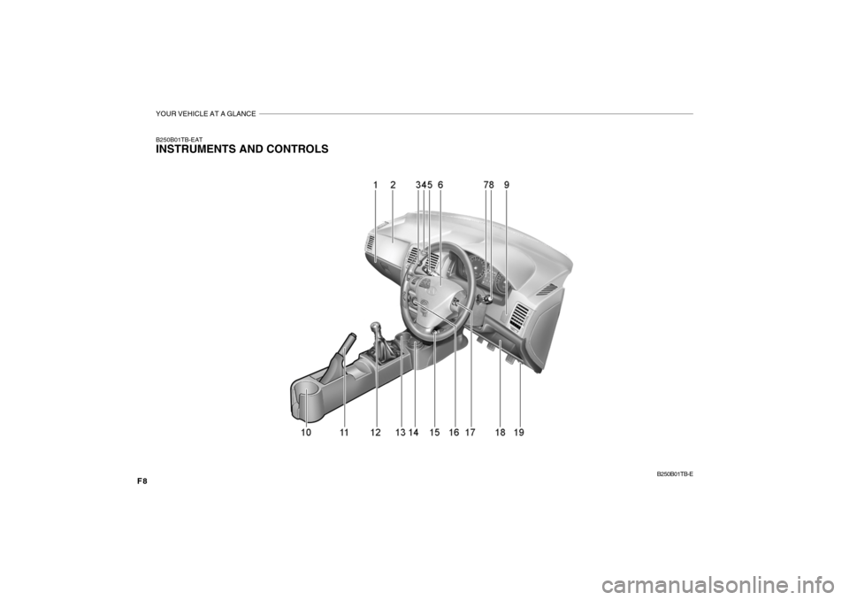 Hyundai Getz 2007 Owners Manual YOUR VEHICLE AT A GLANCE
F8
B250B01TB-EAT INSTRUMENTS AND CONTROLSB250B01TB-E Hyundai Getz 2007 Owners Manual YOUR VEHICLE AT A GLANCE
F8
B250B01TB-EAT INSTRUMENTS AND CONTROLSB250B01TB-E