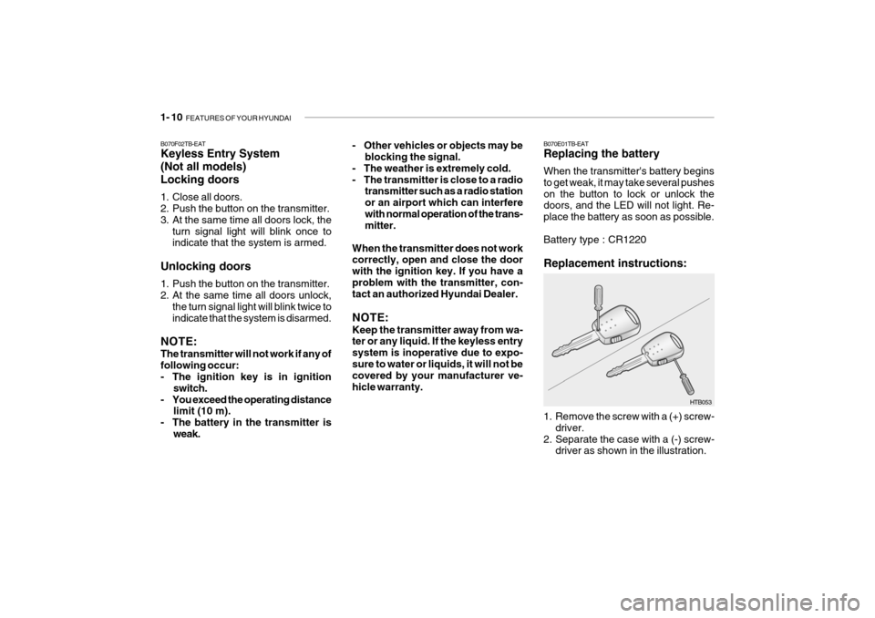 Hyundai Getz 2007 Owners Manual 1- 10 FEATURES OF YOUR HYUNDAI
HTB053
B070E01TB-EAT Replacing the battery When the transmitters battery begins to get weak, it may take several pusheson the button to lock or unlock the doors, and t Hyundai Getz 2007 Owners Manual 1- 10 FEATURES OF YOUR HYUNDAI
HTB053
B070E01TB-EAT Replacing the battery When the transmitters battery begins to get weak, it may take several pusheson the button to lock or unlock the doors, and t