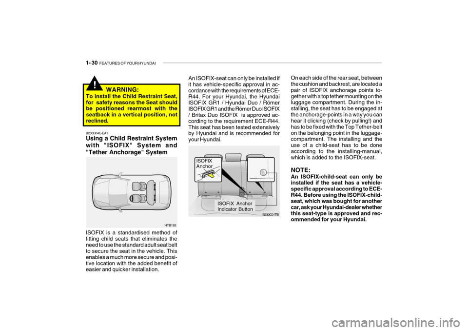 Hyundai Getz 2007  Owners Manual 1- 30  FEATURES OF YOUR HYUNDAI
On each side of the rear seat, between the cushion and backrest, are located a pair of ISOFIX anchorage points to-gether with a top tether mounting on the luggage compa