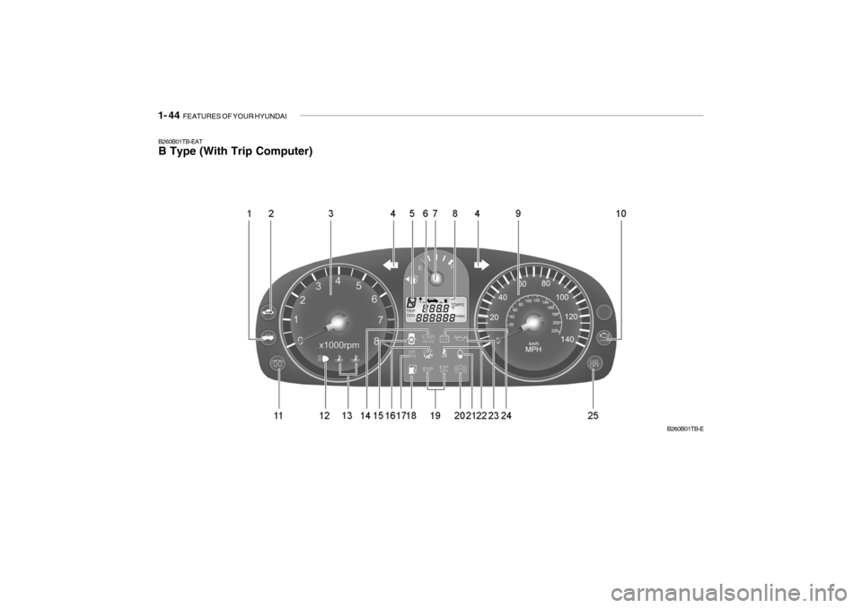 Hyundai Getz 2007 Owners Manual 1- 44 FEATURES OF YOUR HYUNDAI
B260B01TB-EAT B Type (With Trip Computer)
B260B01TB-E Hyundai Getz 2007 Owners Manual 1- 44 FEATURES OF YOUR HYUNDAI
B260B01TB-EAT B Type (With Trip Computer)
B260B01TB-E