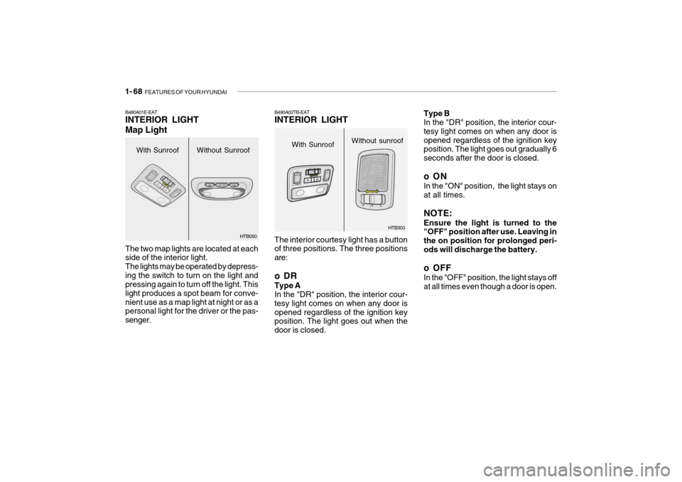 Hyundai Getz 2007 Owners Manual 1- 68 FEATURES OF YOUR HYUNDAI
With Sunroof
B480A01E-EAT INTERIOR LIGHT Map Light The two map lights are located at each side of the interior light. The lights may be operated by depress-ing the swit Hyundai Getz 2007 Owners Manual 1- 68 FEATURES OF YOUR HYUNDAI
With Sunroof
B480A01E-EAT INTERIOR LIGHT Map Light The two map lights are located at each side of the interior light. The lights may be operated by depress-ing the swit