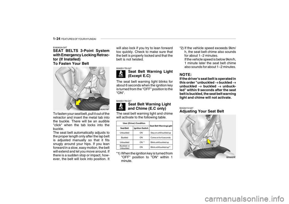 Hyundai Getz 2007  Owners Manual 1- 24  FEATURES OF YOUR HYUNDAI
B200A01S-GAT Adjusting Your Seat Belt
B200A02NF
will also lock if you try to lean forward too quickly. Check to make sure that the belt is properly locked and that theb
