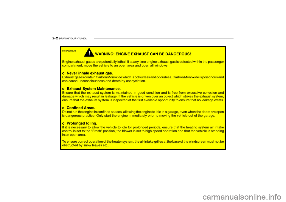 Hyundai Getz 2007 Owners Manual 2- 2 DRIVING YOUR HYUNDAI
!
C010A02O-EAT
WARNING: ENGINE EXHAUST CAN BE DANGEROUS!
Engine exhaust gases are potentially lethal. If at any time engine exhaust gas is detected within the passenger comp Hyundai Getz 2007 Owners Manual 2- 2 DRIVING YOUR HYUNDAI
!
C010A02O-EAT
WARNING: ENGINE EXHAUST CAN BE DANGEROUS!
Engine exhaust gases are potentially lethal. If at any time engine exhaust gas is detected within the passenger comp
